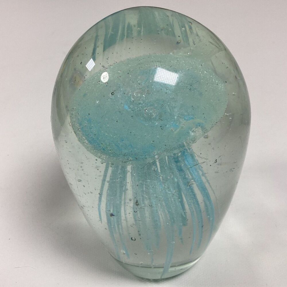 Teal Glow-in-the-Dark Glass Jellyfish Paperweight 5" Flaw